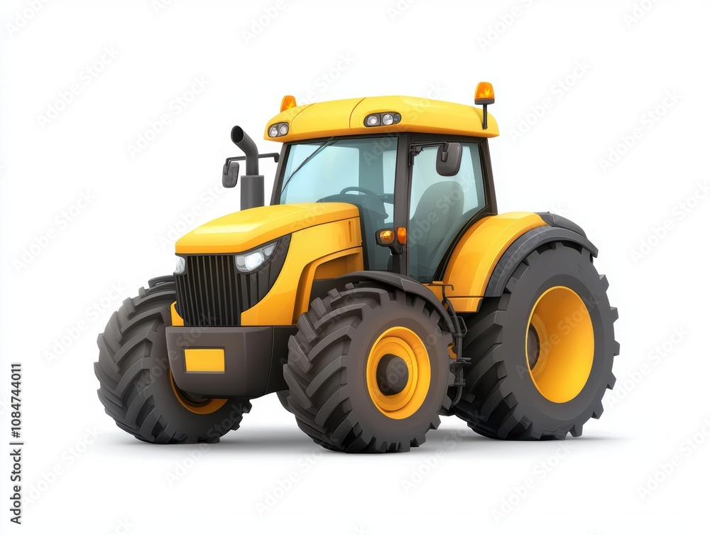 A bright yellow tractor features large tires and a modern design, perfect for agriculture-related projects, advertisements, or educational materials focused on farming and machinery, A bright yellow tractor features large tires and a modern design, perfect for agriculture-related projects, advertisements, or educational materials focused on farming and machinery,