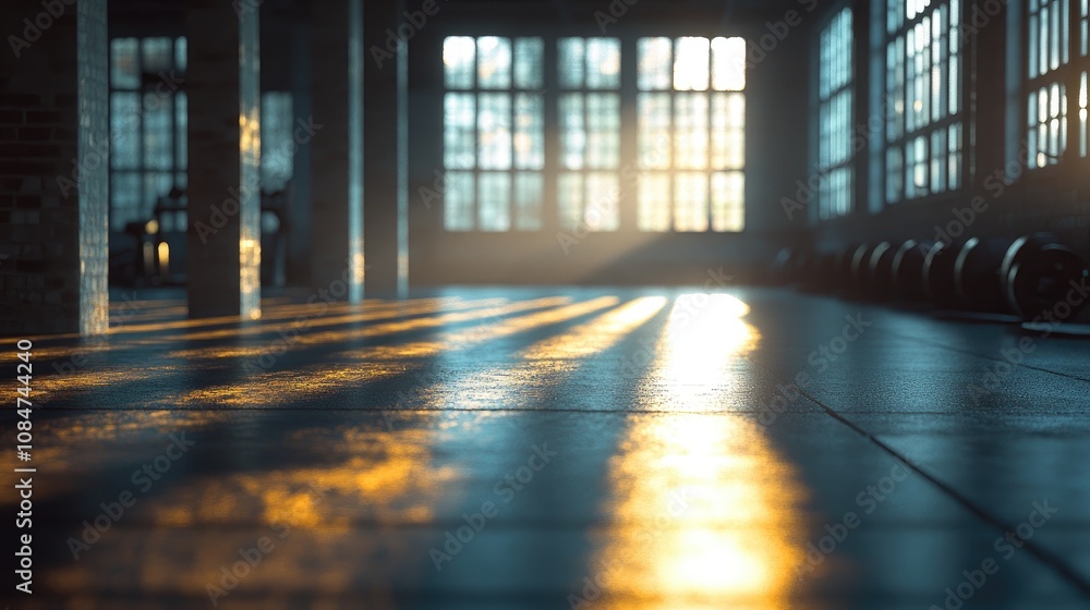 Empty industrial gym with sunlight streaming through large windows. Empty industrial gym with sunlight streaming through large windows.
