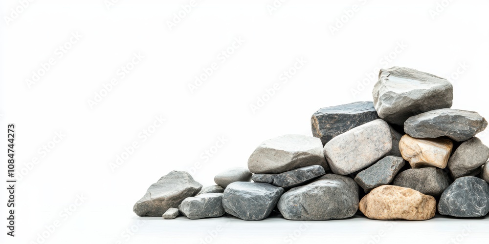 A collection of various stones piled up against a white background, showcasing natural textures and colors, Ideal for landscaping, construction, or as a decorative element in design projects, A collection of various stones piled up against a white background, showcasing natural textures and colors, Ideal for landscaping, construction, or as a decorative element in design projects,