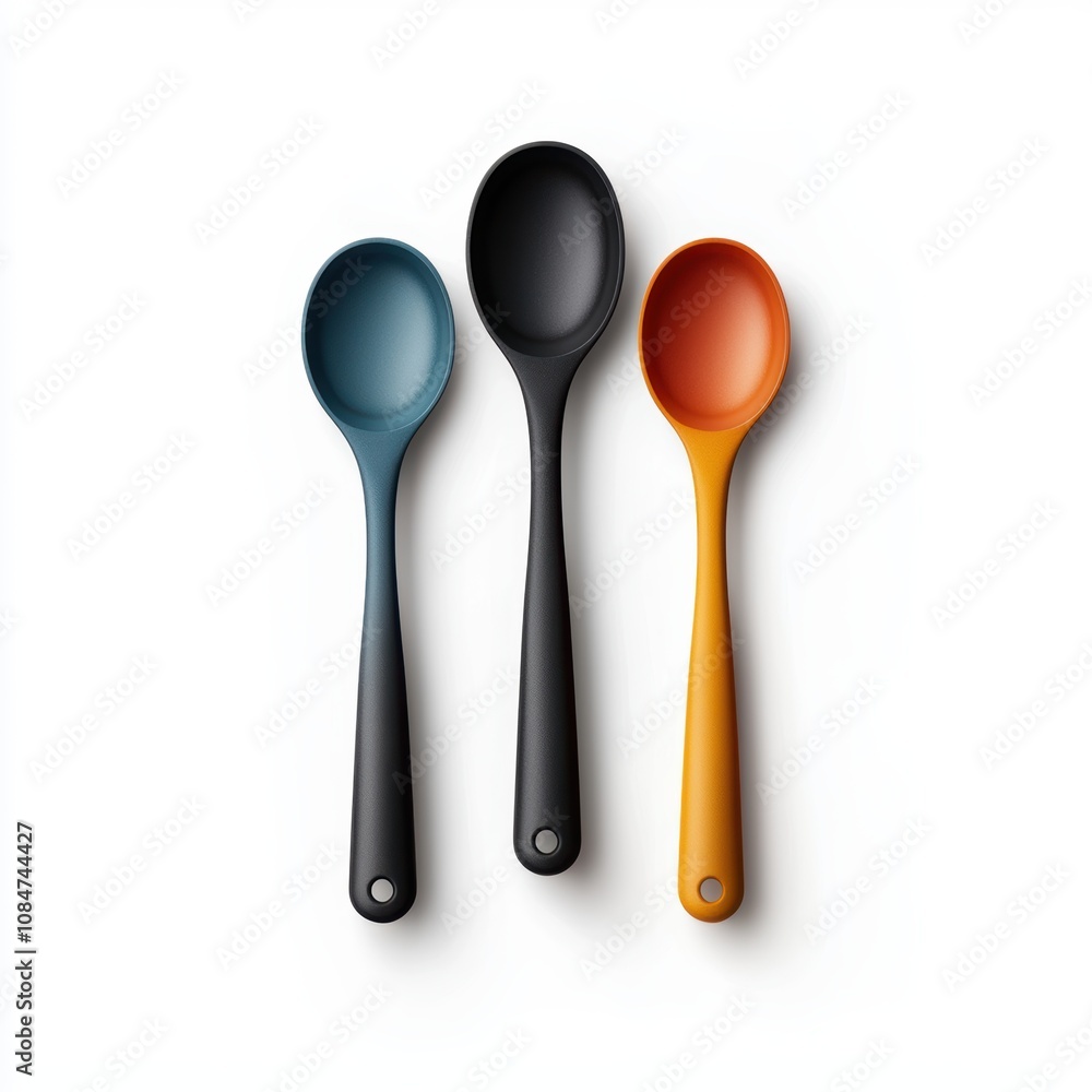 A set of colorful silicone spoons arranged neatly against a white background, Ideal for kitchenware promotions, culinary blogs, or cooking class materials, Great for modern cooking aesthetics, A set of colorful silicone spoons arranged neatly against a white background, Ideal for kitchenware promotions, culinary blogs, or cooking class materials, Great for modern cooking aesthetics,