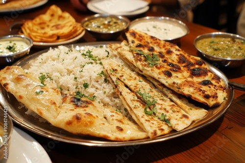 Delicious Indian Food Platter: Naan, Rice, and Various Sauces