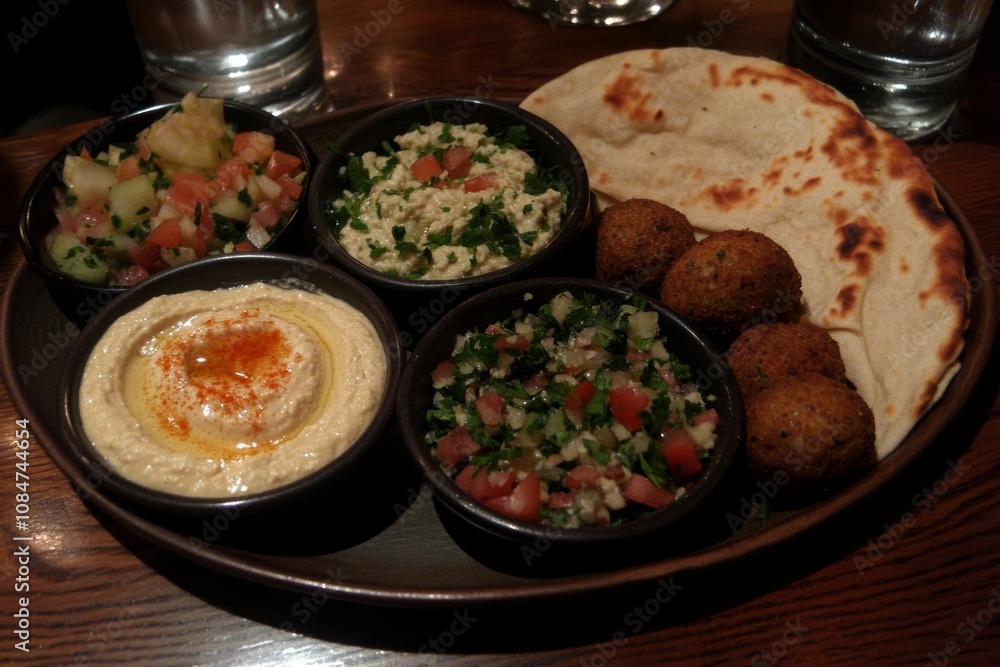 Delicious Mediterranean Mezze Platter with Hummus, Baba Ghanoush, and Falafel Delicious Mediterranean Mezze Platter with Hummus, Baba Ghanoush, and Falafel