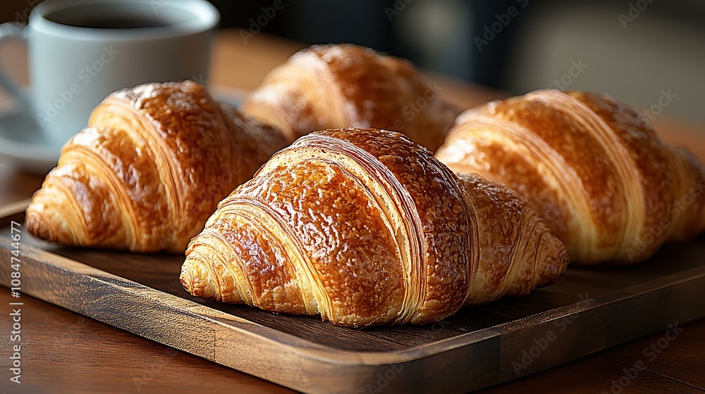 Freshly baked croissants on a wooden tray beside a steaming cup of cappuccino Freshly baked croissants on a wooden tray beside a steaming cup of cappuccino