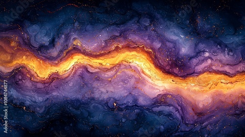 Abstract cosmic landscape with swirling colors of purple, orange, and gold.