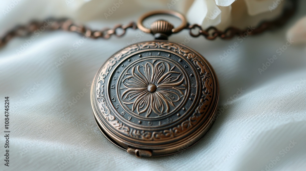 An aged locket lies on a pale surface, adorned with detailed engravings and a nostalgic patina that whispers of treasured memories and hidden tales An aged locket lies on a pale surface, adorned with detailed engravings and a nostalgic patina that whispers of treasured memories and hidden tales