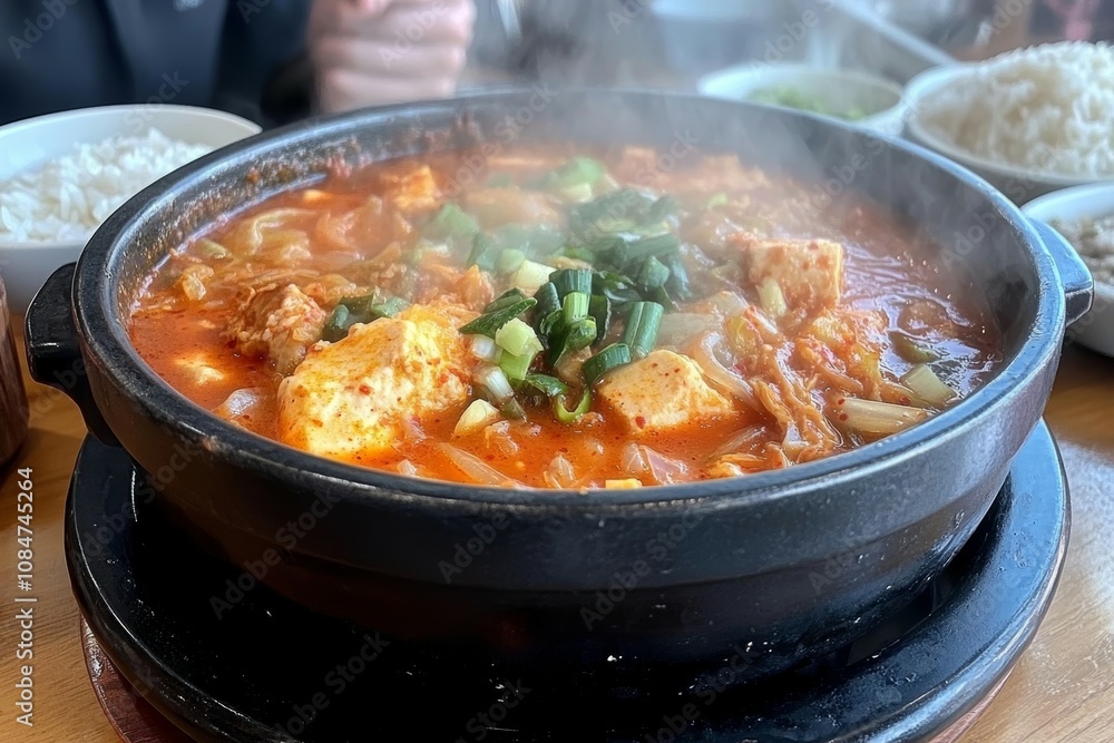 Aromatic Kimchi Jjigae: Korean Stew in a Black Bowl Aromatic Kimchi Jjigae: Korean Stew in a Black Bowl