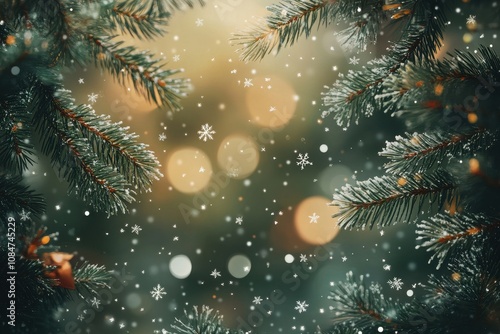 2D cartoon illustration of Christmas and New Year theme featuring fir tree branches framing a blurred background adorned with stars snowflakes and bokeh effects