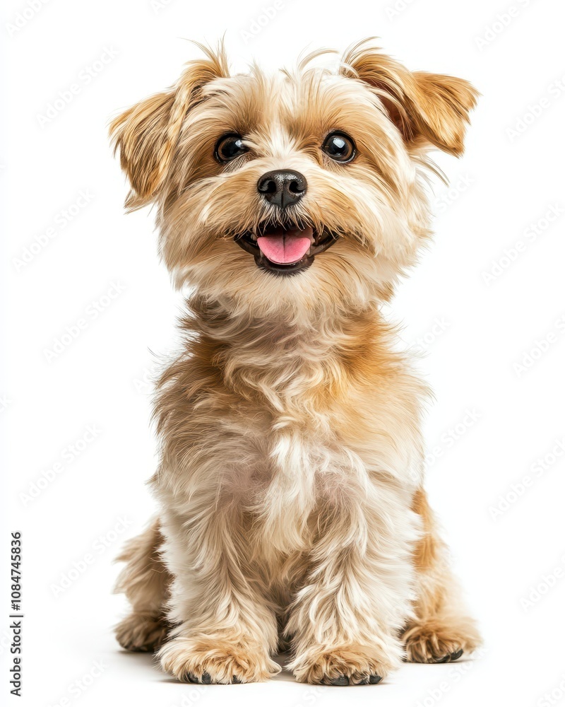 Adorable illustration of a playful small dog with a fluffy coat, sitting affectionately against a clean white backdrop Adorable illustration of a playful small dog with a fluffy coat, sitting affectionately against a clean white backdrop