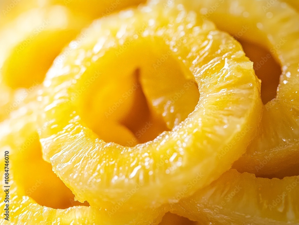 A close-up of a pineapple cut into rings, highlighting the juicy yellow flesh and unique texture A close-up of a pineapple cut into rings, highlighting the juicy yellow flesh and unique texture