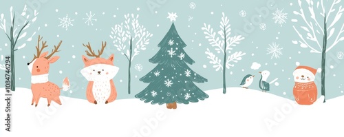 Illustration of christmas decoration, cute animals and a christmass tree, minimalsitic background photo