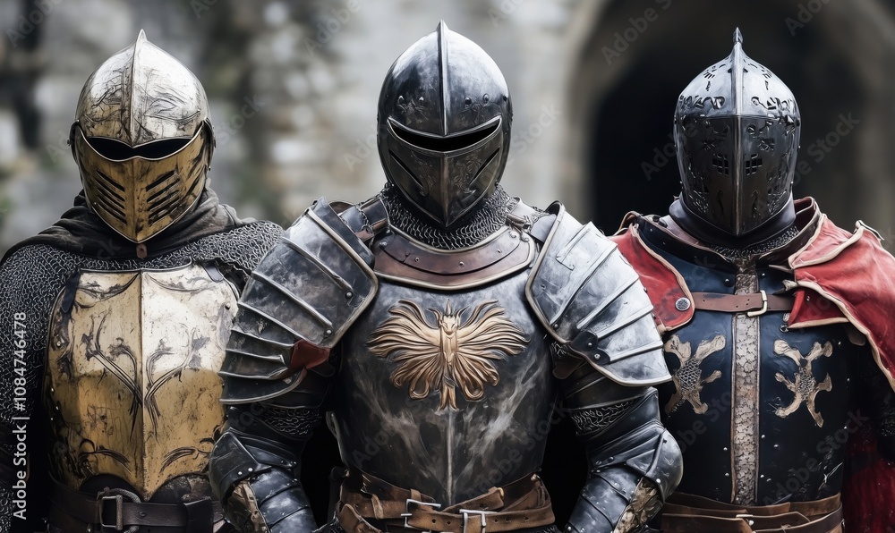Medieval knights in armor, showcasing intricate designs and details. Three armored figures stand together, each with unique helmets and chest plates. Medieval knights in armor, showcasing intricate designs and details. Three armored figures stand together, each with unique helmets and chest plates.