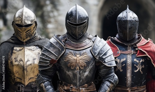 Medieval knights in armor, showcasing intricate designs and details. Three armored figures stand together, each with unique helmets and chest plates. photo