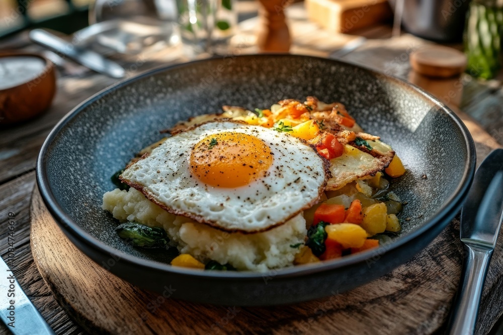 Delicious Fried Egg with Mashed Potatoes and Roasted Vegetables Delicious Fried Egg with Mashed Potatoes and Roasted Vegetables