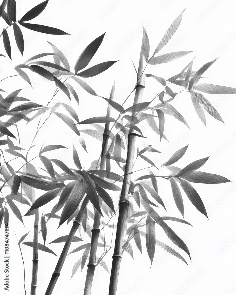 Fototapeta premium Bamboo illustration displaying intricate leaves and stalks from a frontal perspective against a crisp white backdrop.