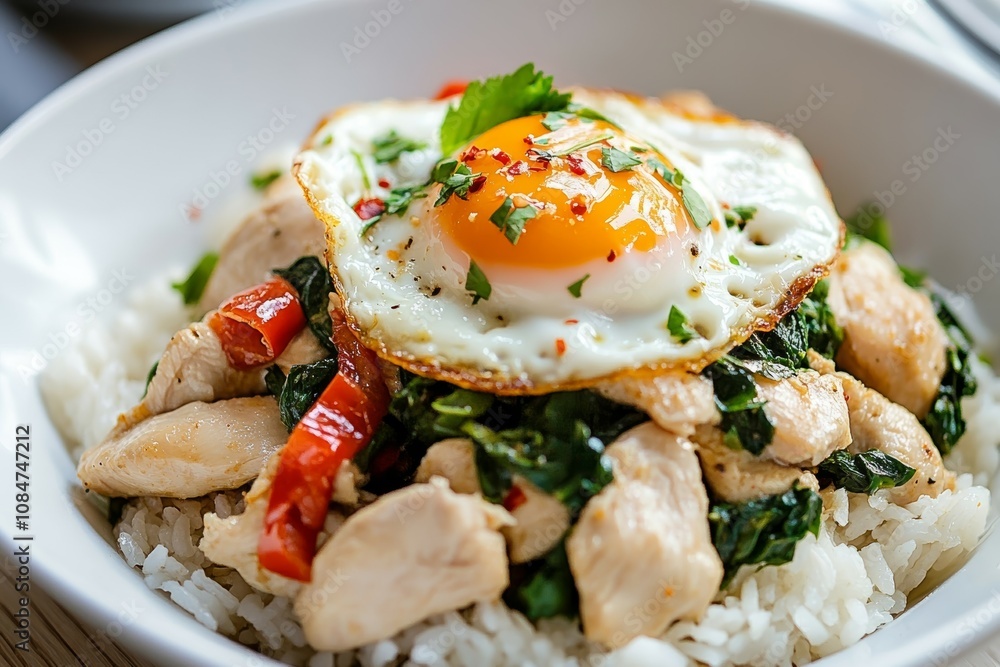 Delicious Chicken and Spinach Stir-Fry with Fried Egg on Rice Delicious Chicken and Spinach Stir-Fry with Fried Egg on Rice