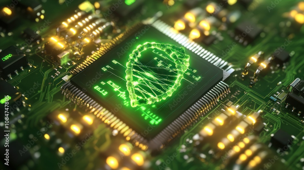 Obraz premium Here's a description and keywords for your image.. Green glowing bio-circuitry symbol on microchip.
