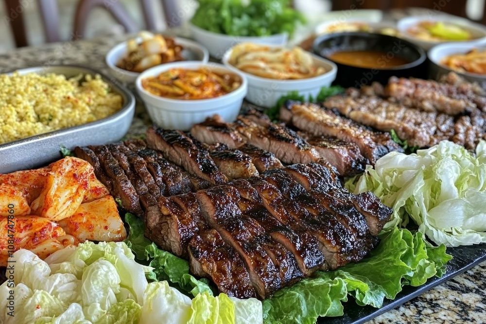 Delicious Korean BBQ Feast: Bulgogi, Sides, and Fresh Lettuce Wraps Delicious Korean BBQ Feast: Bulgogi, Sides, and Fresh Lettuce Wraps