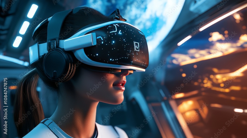 A close-up of a user wearing a VR headset, experiencing a virtual spacewalk outside a futuristic spacecraft A close-up of a user wearing a VR headset, experiencing a virtual spacewalk outside a futuristic spacecraft
