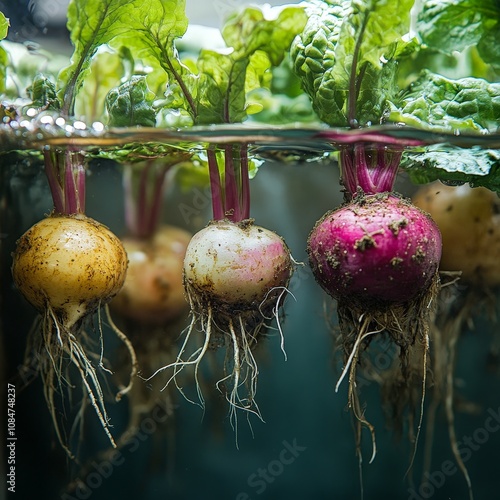 A close-up of aquaponically grown vegetables, their roots suspended in nutrient-rich water photo