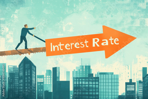 Conceptual Art of Man Pulling Up the Interest Rate Sign Against a City Skyline, Symbolizing Economic Influence and Effort. photo