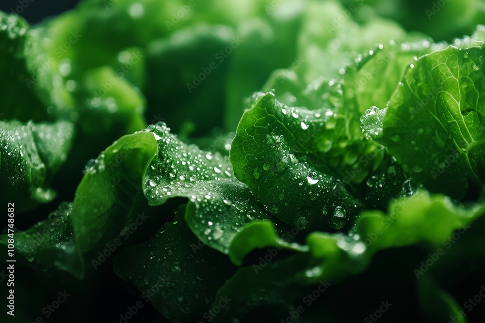 A close-up of lettuce leaves with droplets of water clinging to their surface, emphasizing their freshness A close-up of lettuce leaves with droplets of water clinging to their surface, emphasizing their freshness