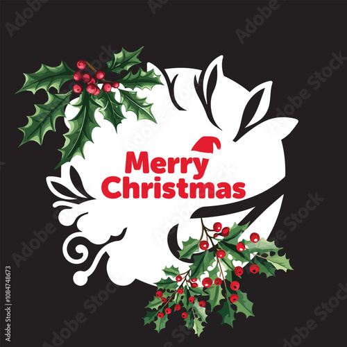 Christmas card with black background, leaves, text