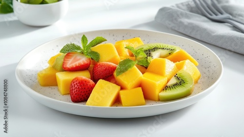 Fresh and Colorful Fruit Salad Arrangement Featuring Ripe Mango, Strawberries, Kiwi Slices, and Mint Leaves in a Modern White Bowl on a Bright Background