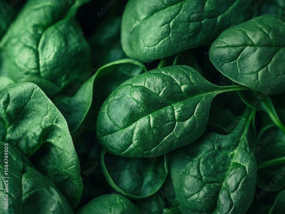 A close-up of spinach leaves showing their natural texture and vibrant color A close-up of spinach leaves showing their natural texture and vibrant color