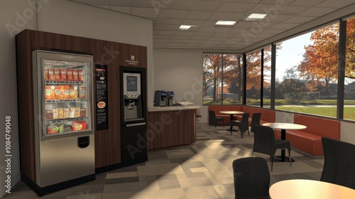 Modern Vending Machine Area in a Bright and Open Space with Large Windows Overlooking Autumn Trees and Cozy Seating Arrangements