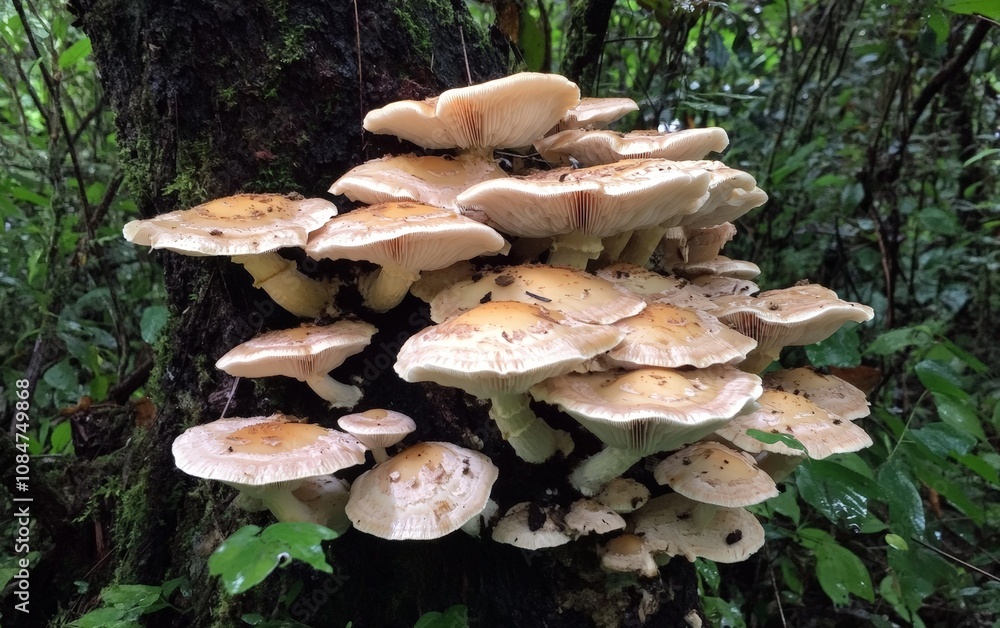 Fototapeta premium A collection of tree mushrooms, thriving in a damp, shaded part of the forest