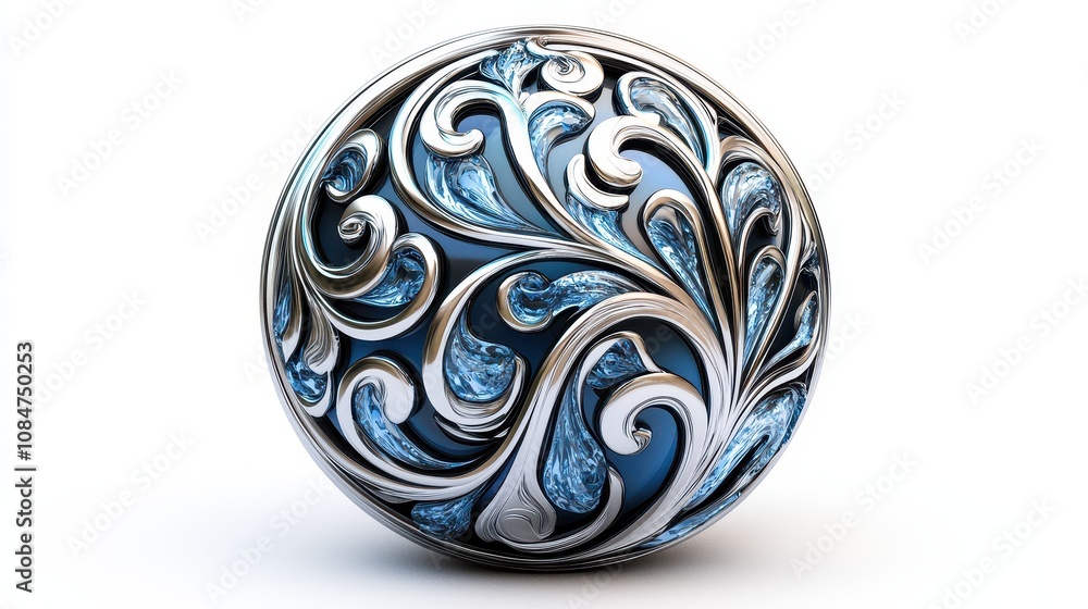 Front view of a glossy reflective button featuring intricate design elements, isolated on a white background. Front view of a glossy reflective button featuring intricate design elements, isolated on a white background.