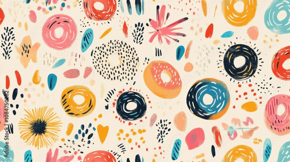 Colorful donut pattern on a light background showcasing various designs and shapes with playful, whimsical elements Colorful donut pattern on a light background showcasing various designs and shapes with playful, whimsical elements