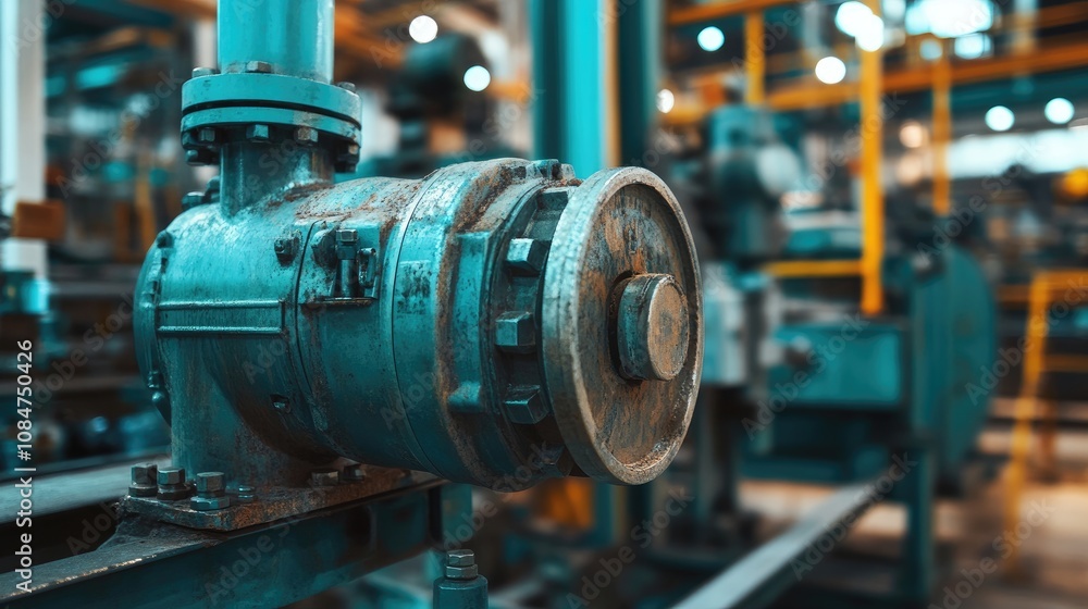 Industrial Machinery in a Modern Factory Setting: Close-up of a Well-Used Pump with Detailed Textures and Background Elements That Highlight Manufacturing Environment Industrial Machinery in a Modern Factory Setting: Close-up of a Well-Used Pump with Detailed Textures and Background Elements That Highlight Manufacturing Environment