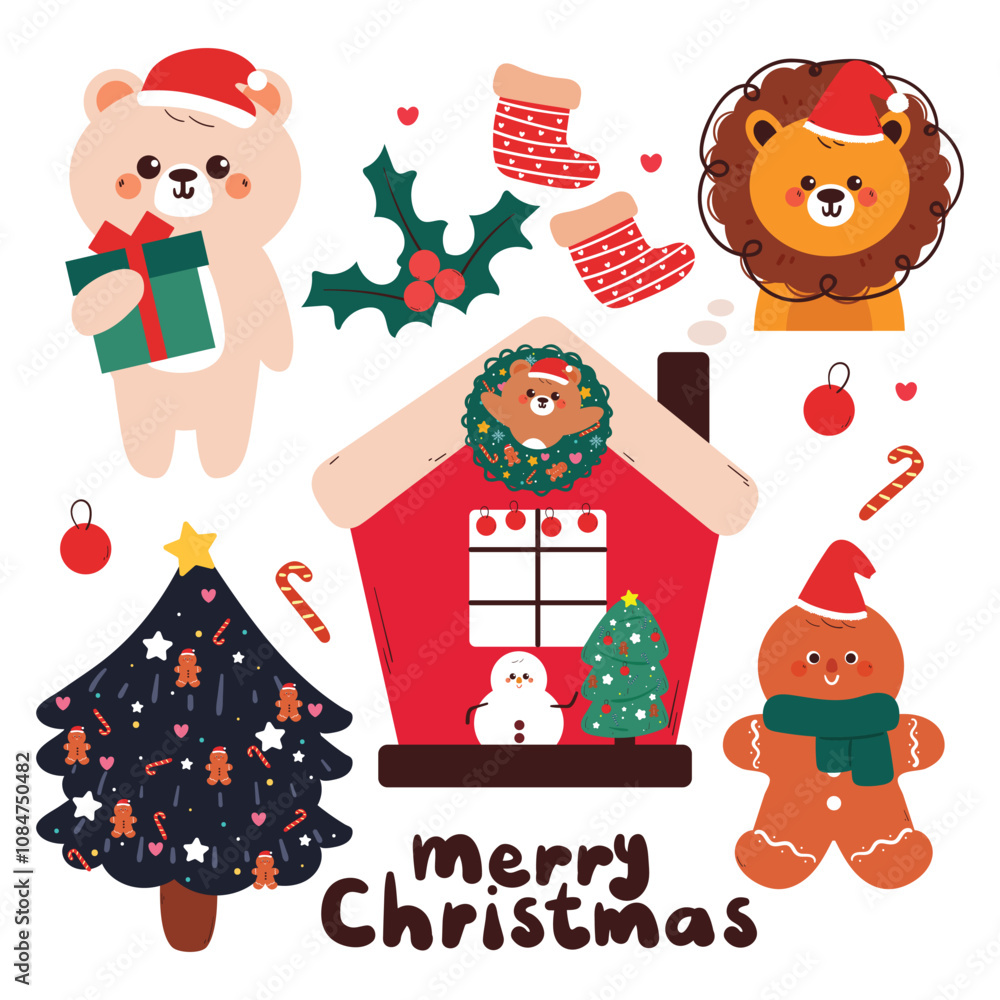 Naklejka premium hand drawing cartoon christmas sticker set. cute christmas vibes sticker, doodle set