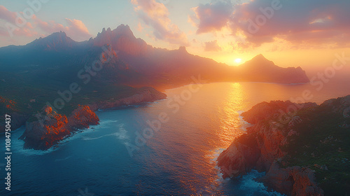 Sunset illuminates rugged coastal cliffs in aerial landscape view of serenity photo