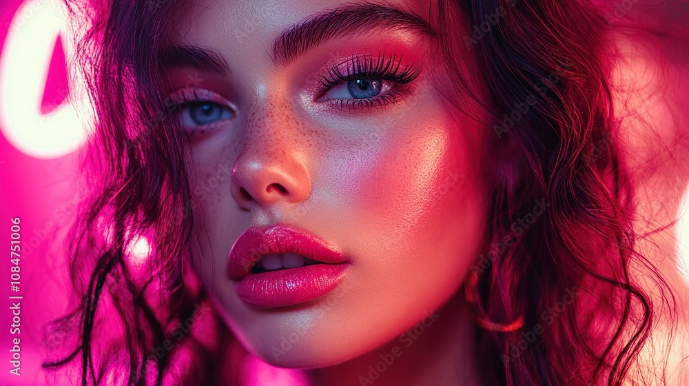 Close-up portrait of a young woman with vibrant makeup against a neon backdrop. Close-up portrait of a young woman with vibrant makeup against a neon backdrop.