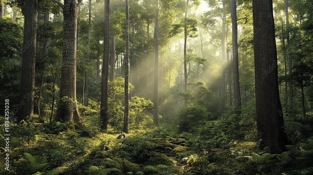 A dense forest filled with native trees thriving in their natural habitat, surrounded by wildlife A dense forest filled with native trees thriving in their natural habitat, surrounded by wildlife