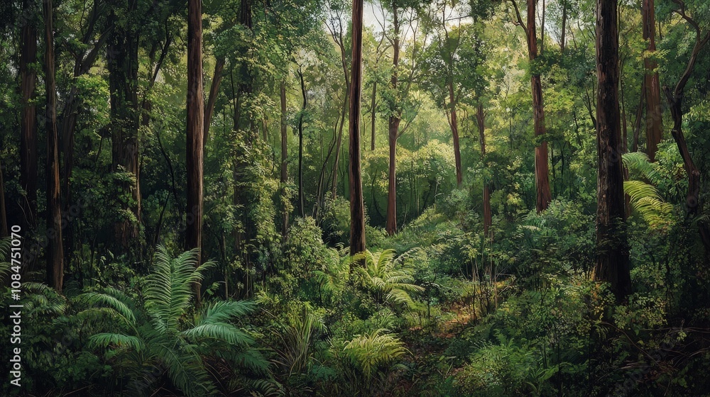 A dense forest filled with native trees thriving in their natural habitat, surrounded by wildlife A dense forest filled with native trees thriving in their natural habitat, surrounded by wildlife