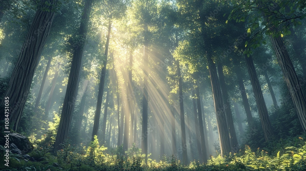 Obraz premium A dense forest filled with towering trees, sunlight filtering through the thick canopy