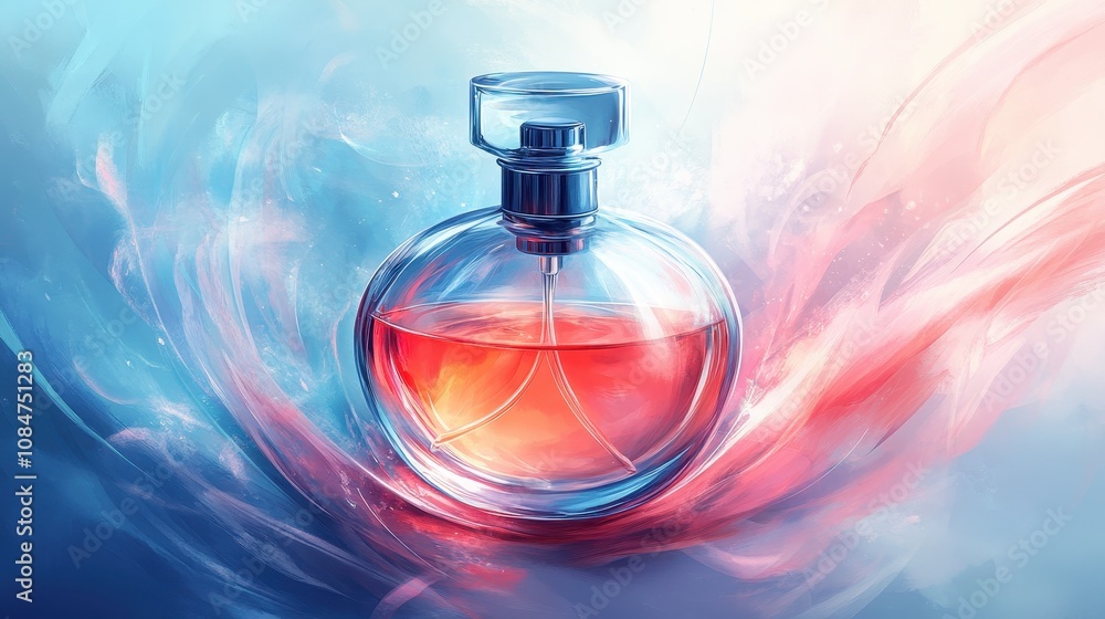Glass perfume bottle with atomiser. Perfumery. A jar of scented water. Luxury and sophistication. Spa and aromatherapy. Illustration for a cover, postcard, brochure or advert Glass perfume bottle with atomiser. Perfumery. A jar of scented water. Luxury and sophistication. Spa and aromatherapy. Illustration for a cover, postcard, brochure or advert