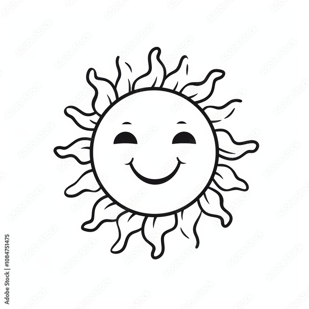 A simple black and white line drawing of a smiling sun. A simple black and white line drawing of a smiling sun.
