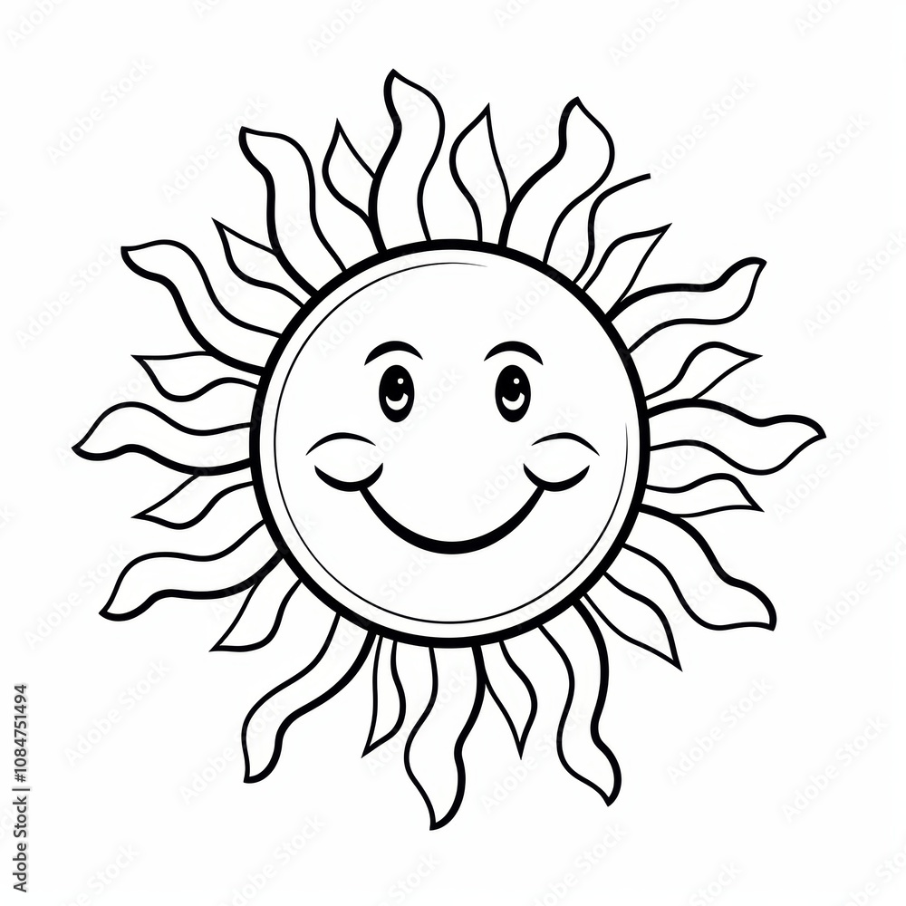 A simple black and white line drawing of a smiling sun with a face. A simple black and white line drawing of a smiling sun with a face.