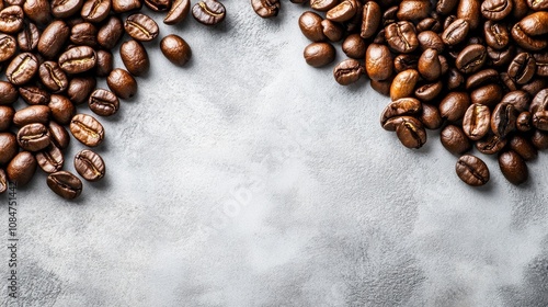 Scattered brown coffee beans on a light backdrop highlight their distinct textures and allure for coffee lovers and culinary creatives alike. photo