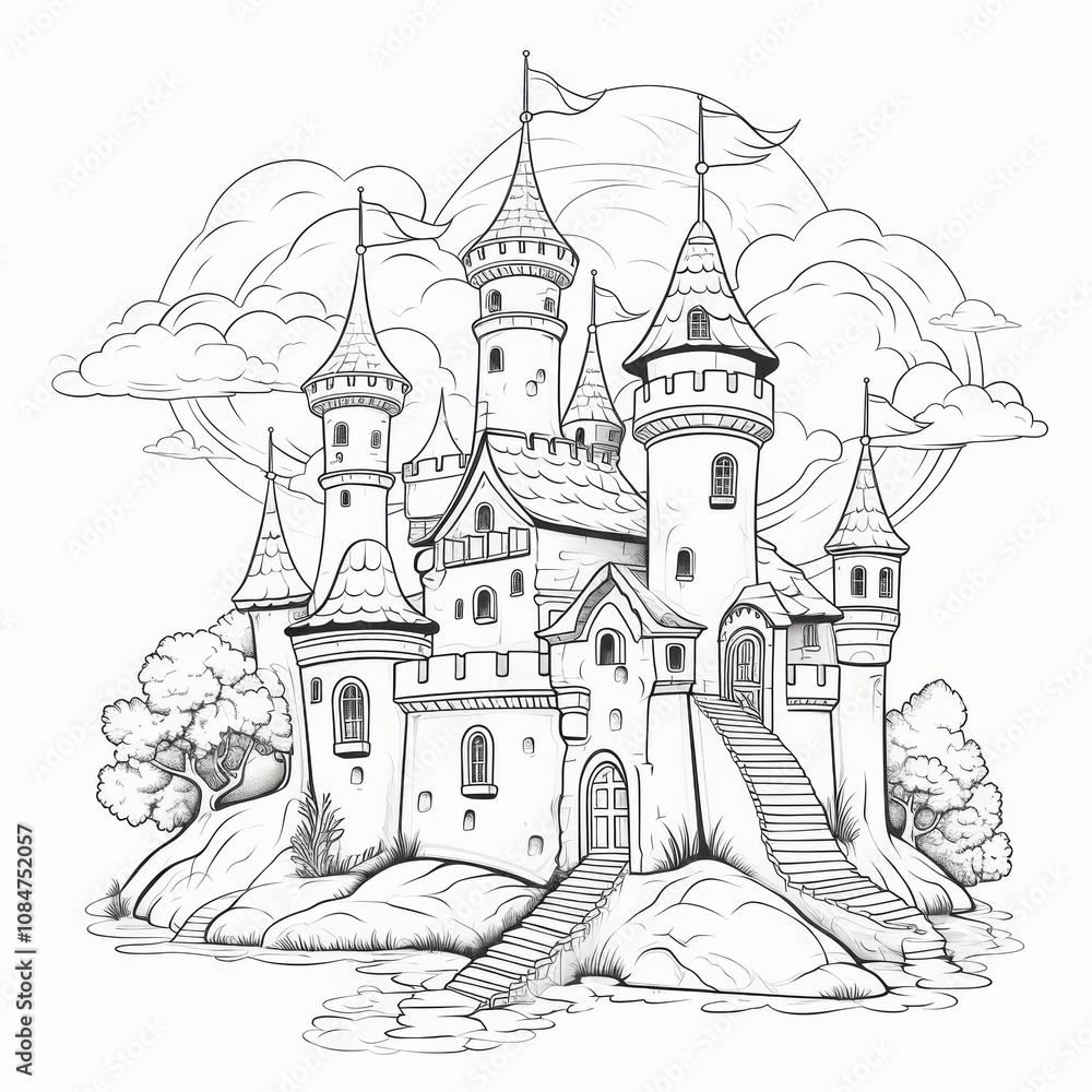 A detailed line drawing of a fairytale castle with towers, turrets, a drawbridge, and a moat. A detailed line drawing of a fairytale castle with towers, turrets, a drawbridge, and a moat.