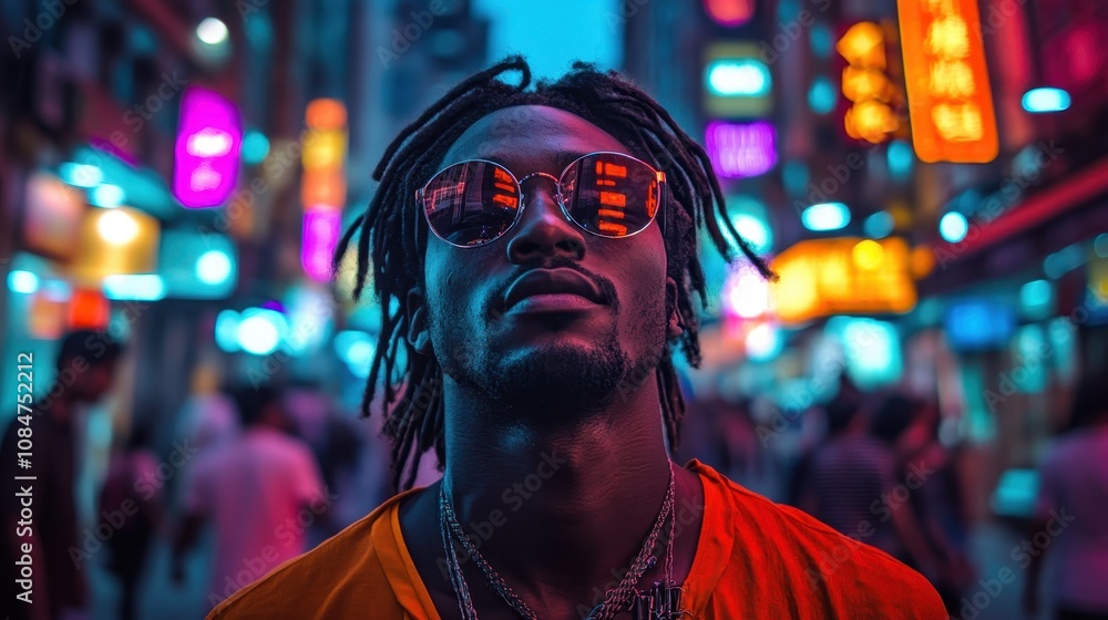 Close-up photo of a black traveler walking through a neon-lit street bustling with activity in a vibrant city Close-up photo of a black traveler walking through a neon-lit street bustling with activity in a vibrant city