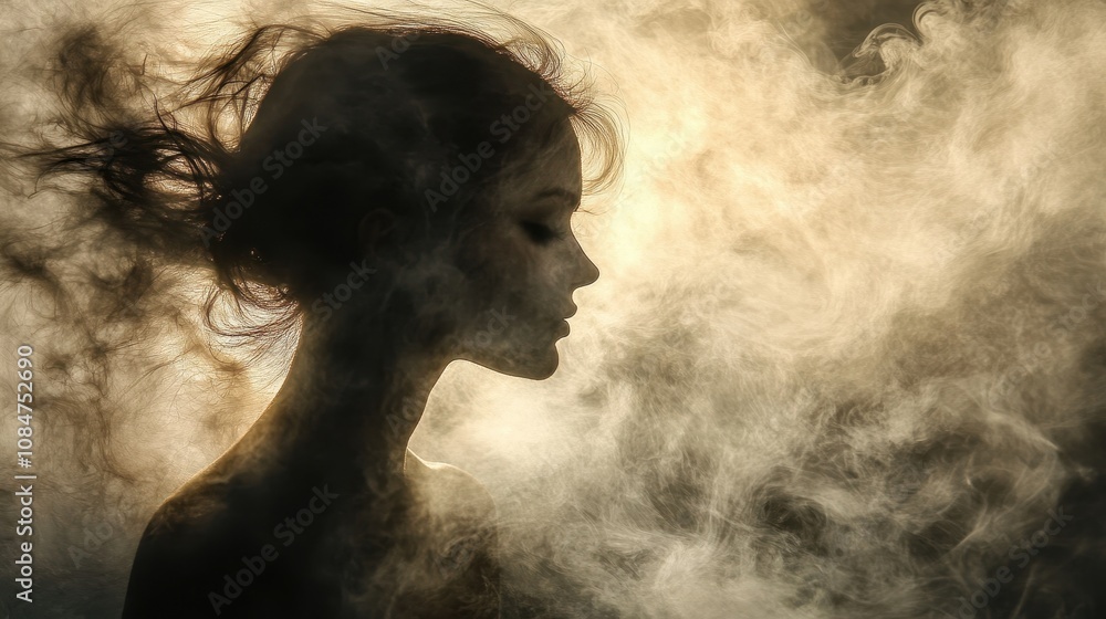 Moody Silhouette of Woman Amidst Swirling Smoke in Dramatic Lighting Moody Silhouette of Woman Amidst Swirling Smoke in Dramatic Lighting