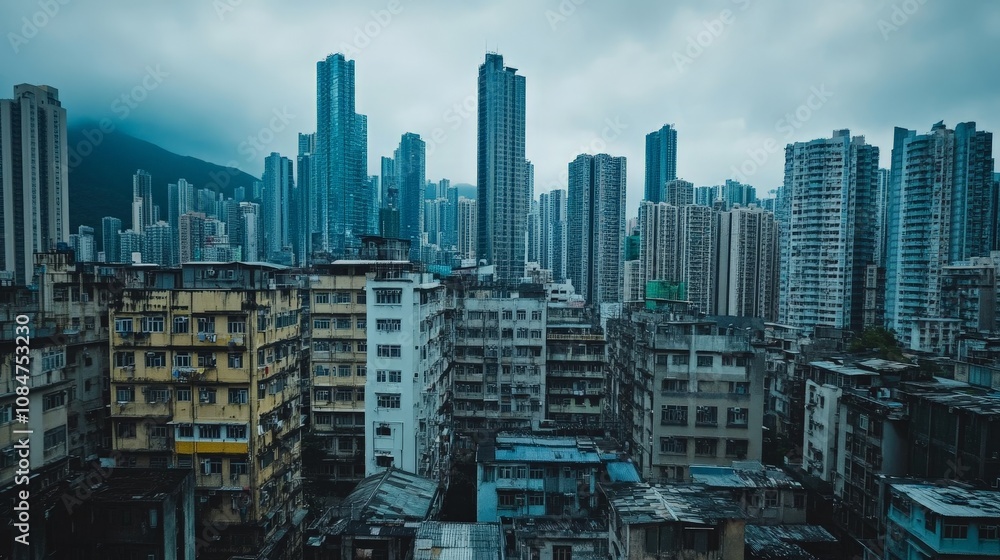 Obraz premium A dynamic shot of a city skyline with both luxury skyscrapers and rundown buildings, illustrating the stark contrast of economic inequality