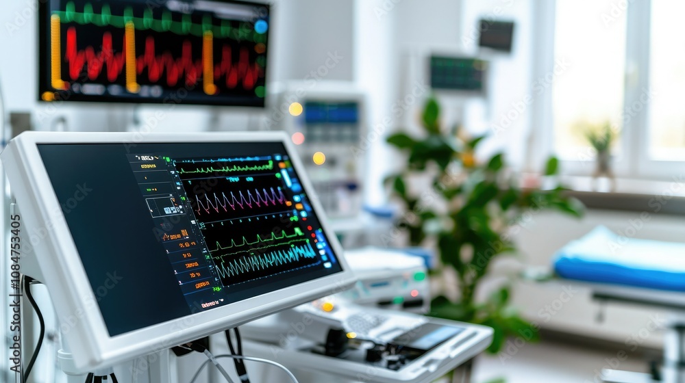 A modern medical monitoring system displaying vital signs, set up in a hospital environment, illustrating advanced healthcare technology. A modern medical monitoring system displaying vital signs, set up in a hospital environment, illustrating advanced healthcare technology.