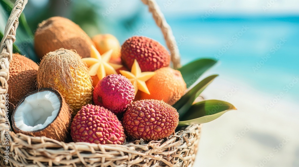A Vibrant Assortment of Tropical Fruits in a Woven Basket Set Against a Beautiful Beach and Clear Blue Ocean, Perfect for Summer Culinary Inspirations A Vibrant Assortment of Tropical Fruits in a Woven Basket Set Against a Beautiful Beach and Clear Blue Ocean, Perfect for Summer Culinary Inspirations