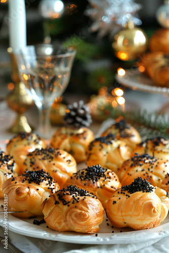 profiteroles with black caviar on the New Year's table photo